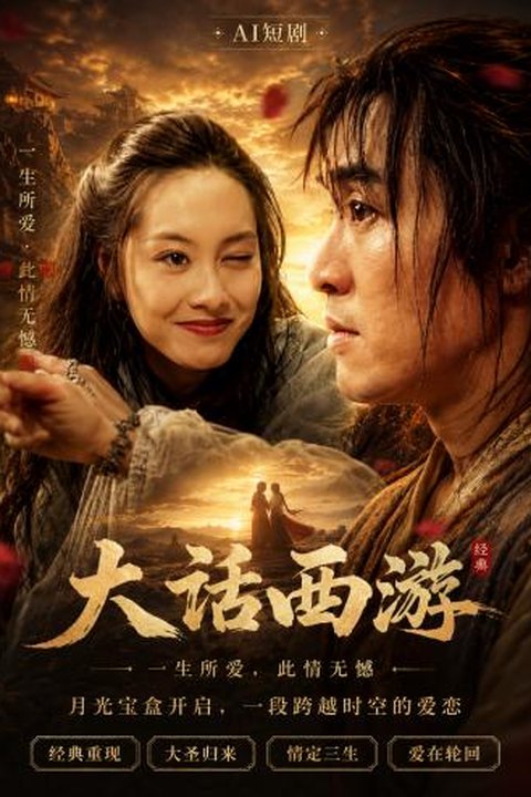 AI魔改 大话西游 紫霞仙子痴缠至尊宝 激情交织经典西游传奇 黄果AI短剧海报
